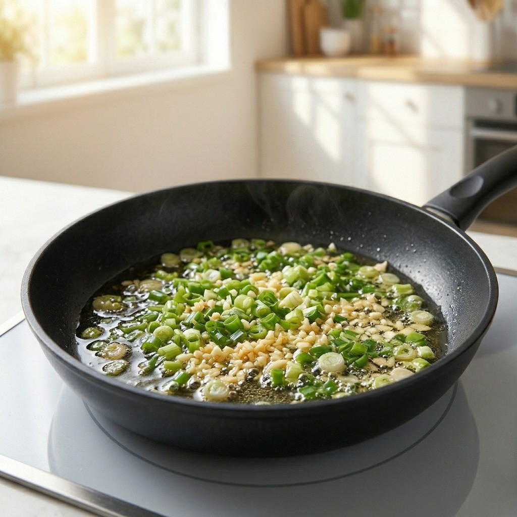 이연복 게살볶음라면 레시피 3단계: 프라이팬에 식용유를 두르고 송송 썬 대파와 다진 마늘을 볶아 파기름을 내는 모습