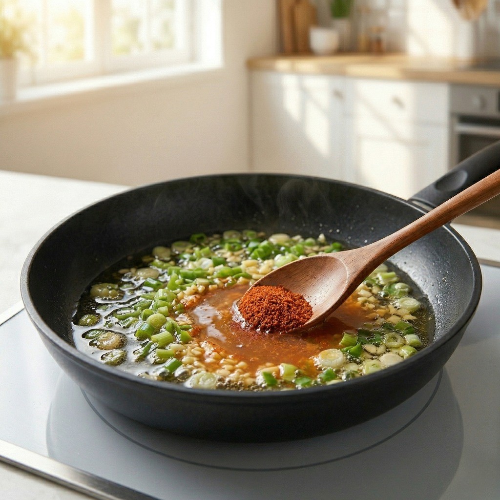 이연복 게살볶음라면 레시피 4단계: 파기름을 낸 팬에 물 300ml와 라면 스프를 넣어 감칠맛 나는 베이스 국물을 끓이는 과정