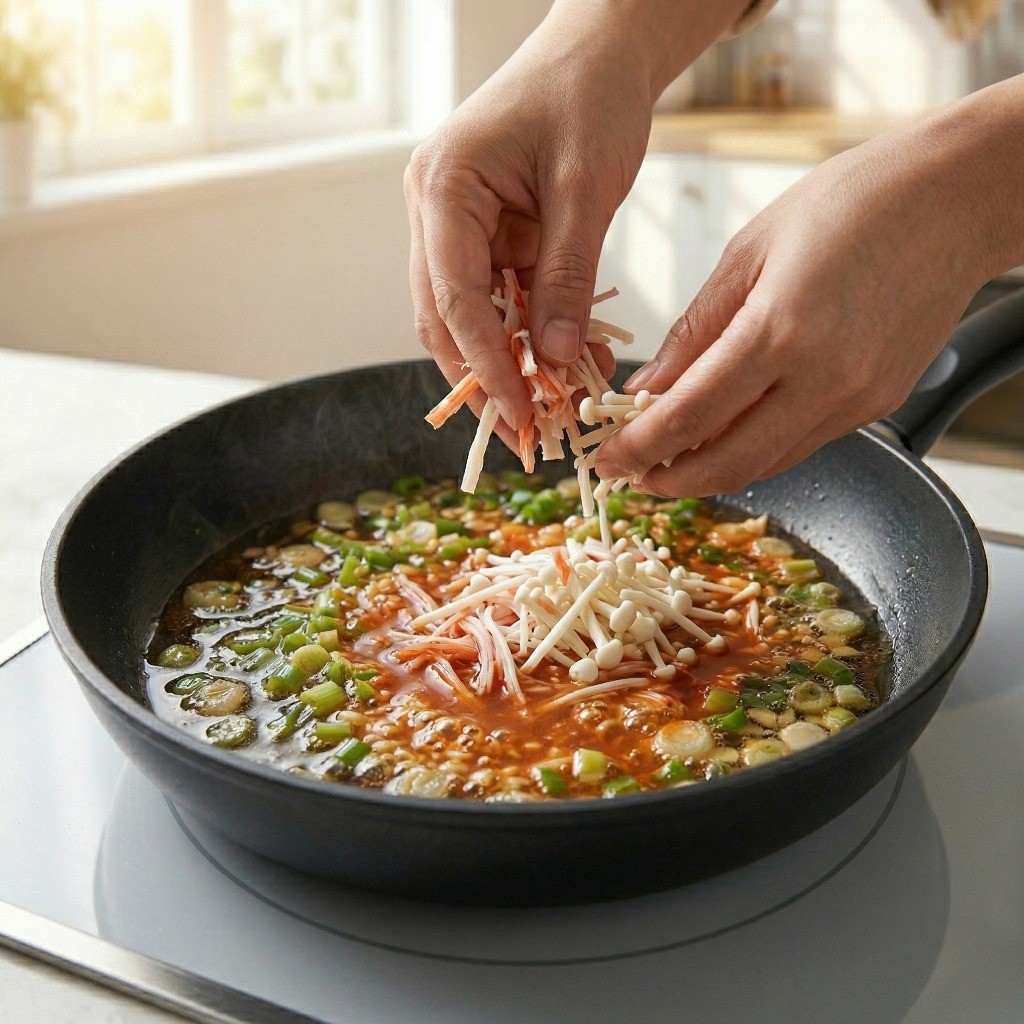 이연복 게살볶음라면 레시피 5단계: 끓어오르는 라면 국물에 미리 찢어둔 크래미와 팽이버섯을 넣고 가볍게 끓이는 모습