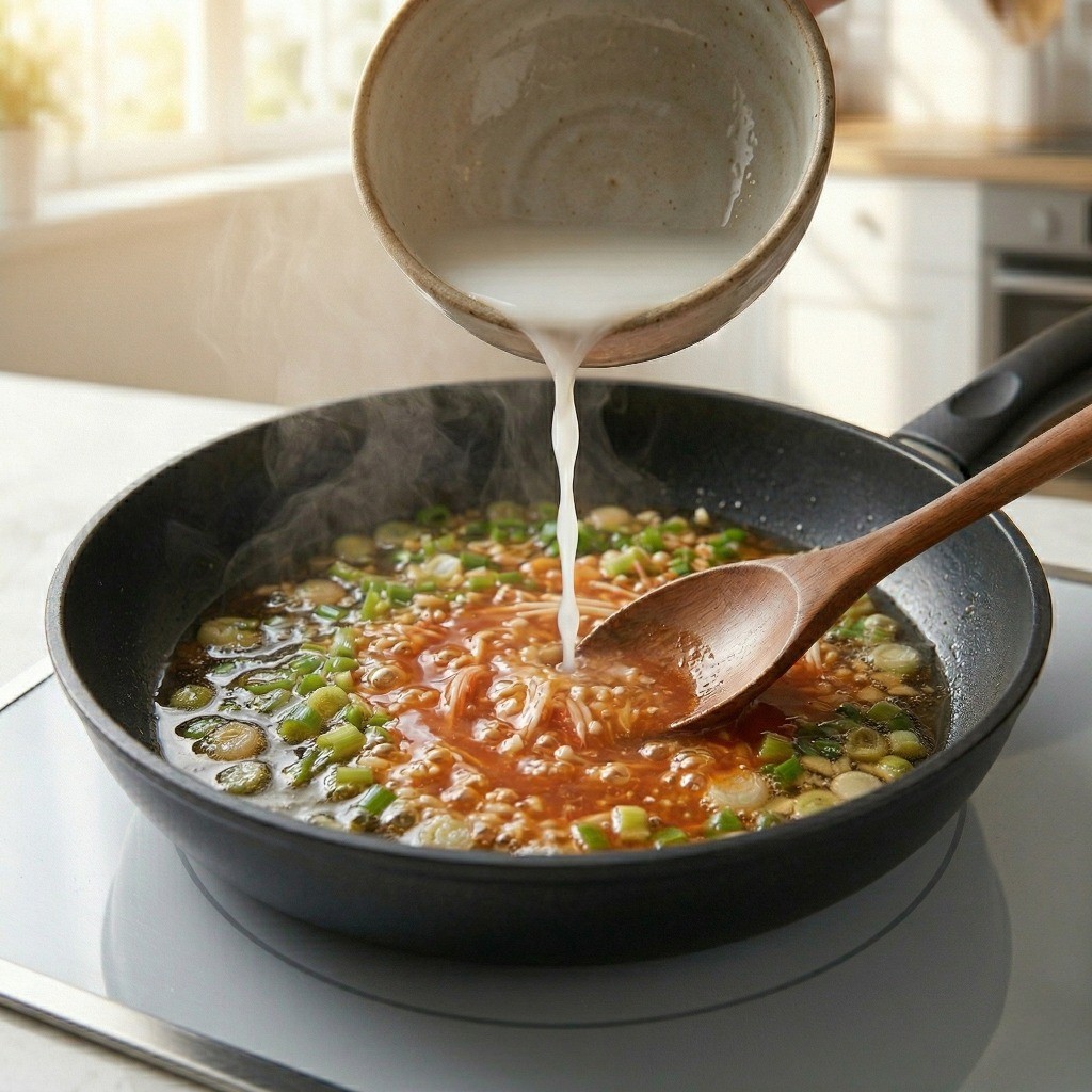 이연복 게살볶음라면 레시피 6단계: 게살 국물에 전분물을 조금씩 부어가며 중식 게살스프처럼 걸쭉한 농도를 맞추는 모습