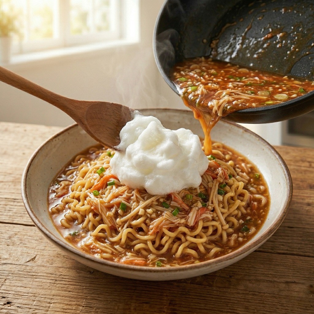 이연복 게살볶음라면 레시피 7단계: 삶아둔 면발 위에 걸쭉한 크래미 게살 소스와 폭신한 계란 흰자 머랭을 듬뿍 얹어 요리를 완성하는 모습