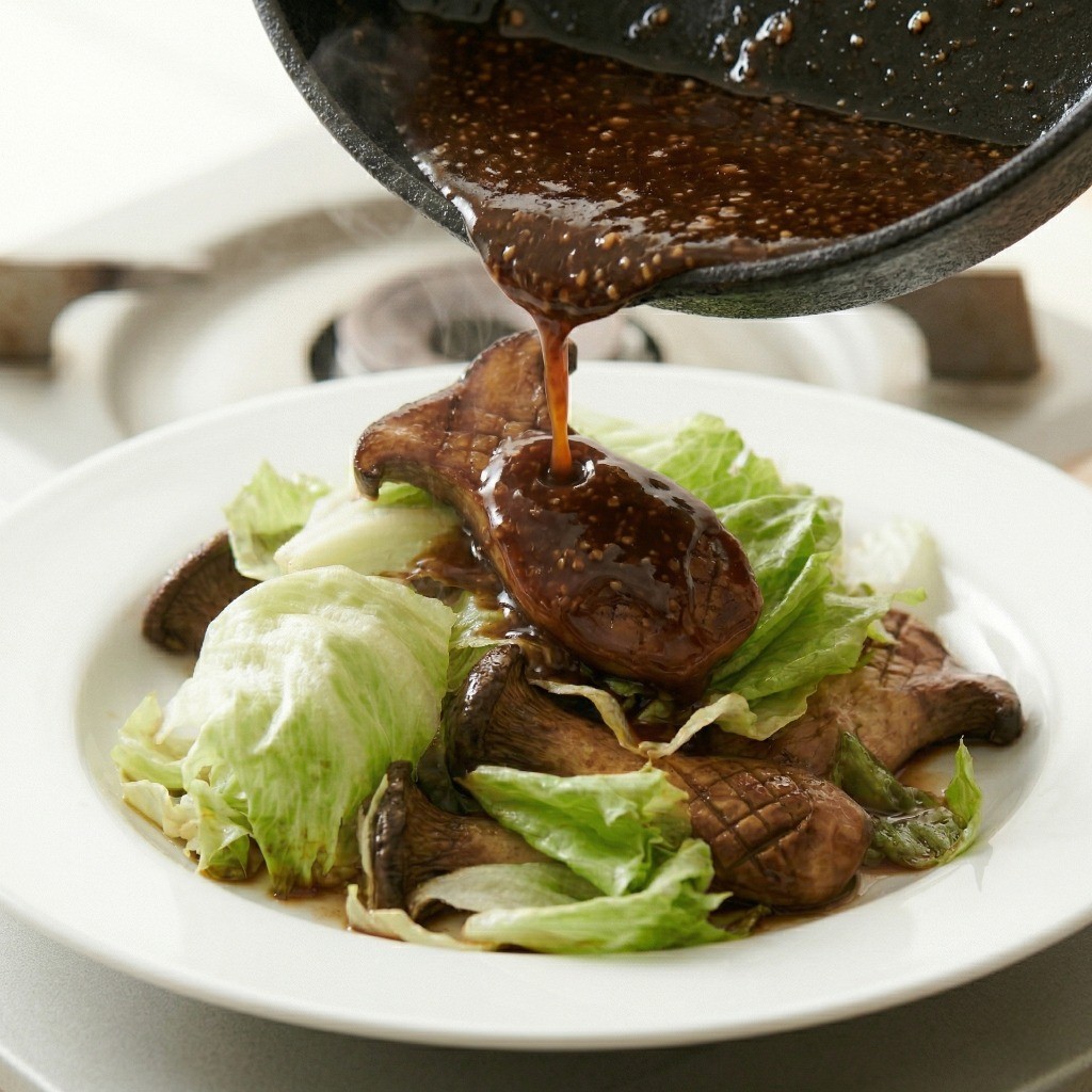 완성된 양상추 볶음 위에 걸쭉해진 이연복 특제 소스를 붓는 마무리 단계