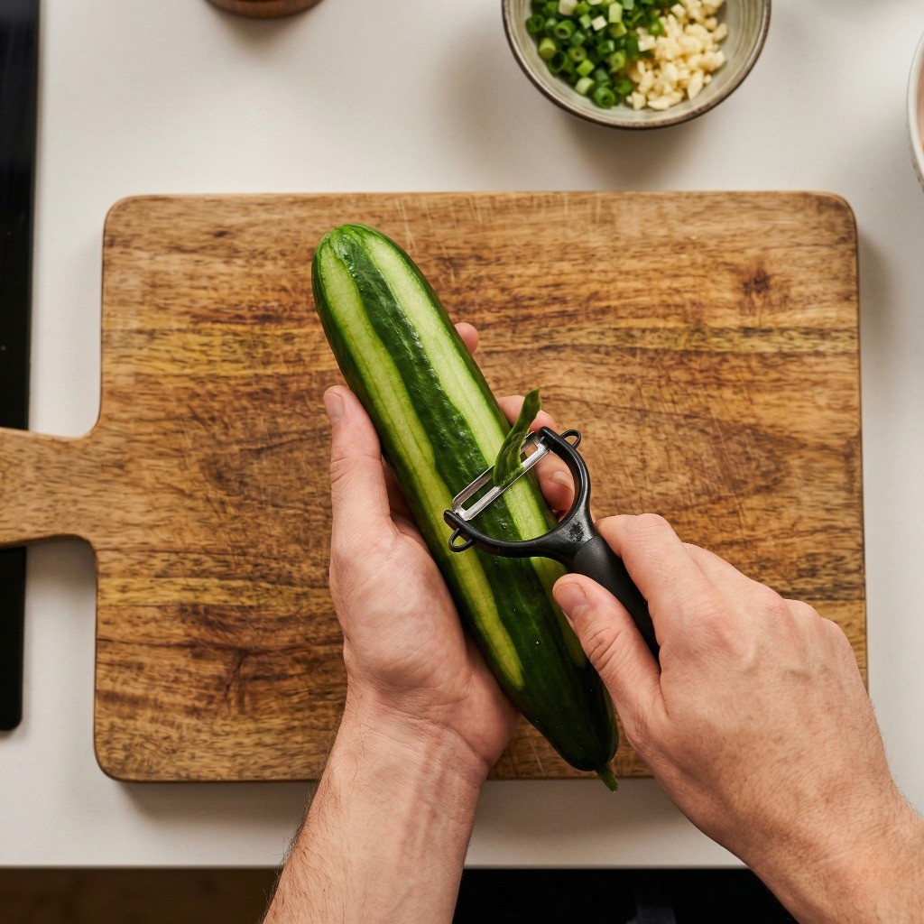 감자칼로 오이 껍질을 얼기설기 깎는 중식 오이무침 첫 번째 조리 단계