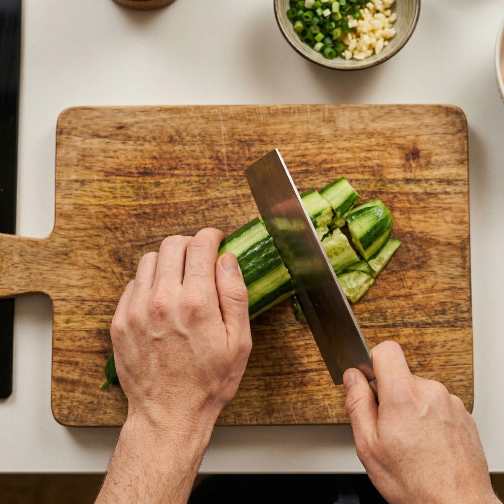 칼등으로 오이를 탕탕 두드려 으깨는 이연복 셰프의 오이 손질 비법