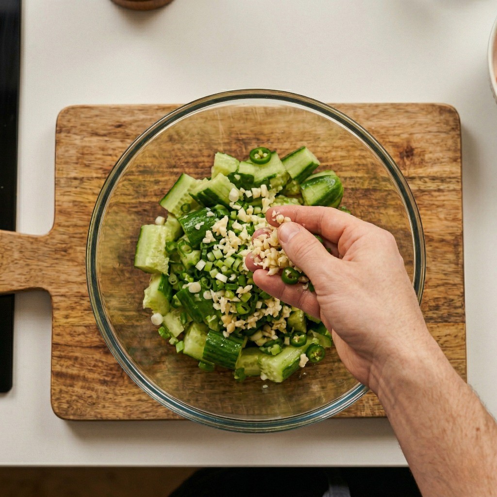 으깬 오이에 다진 마늘, 파, 청양고추 등 중식 오이무침 부재료를 추가하는 모습