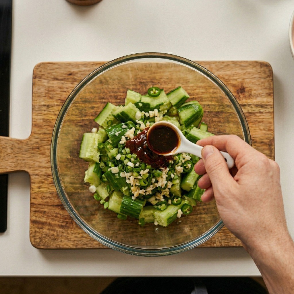 두반장, 굴소스, 식초 등 이연복 오이무침의 황금 비율 양념장을 넣고 간을 맞추는 과정