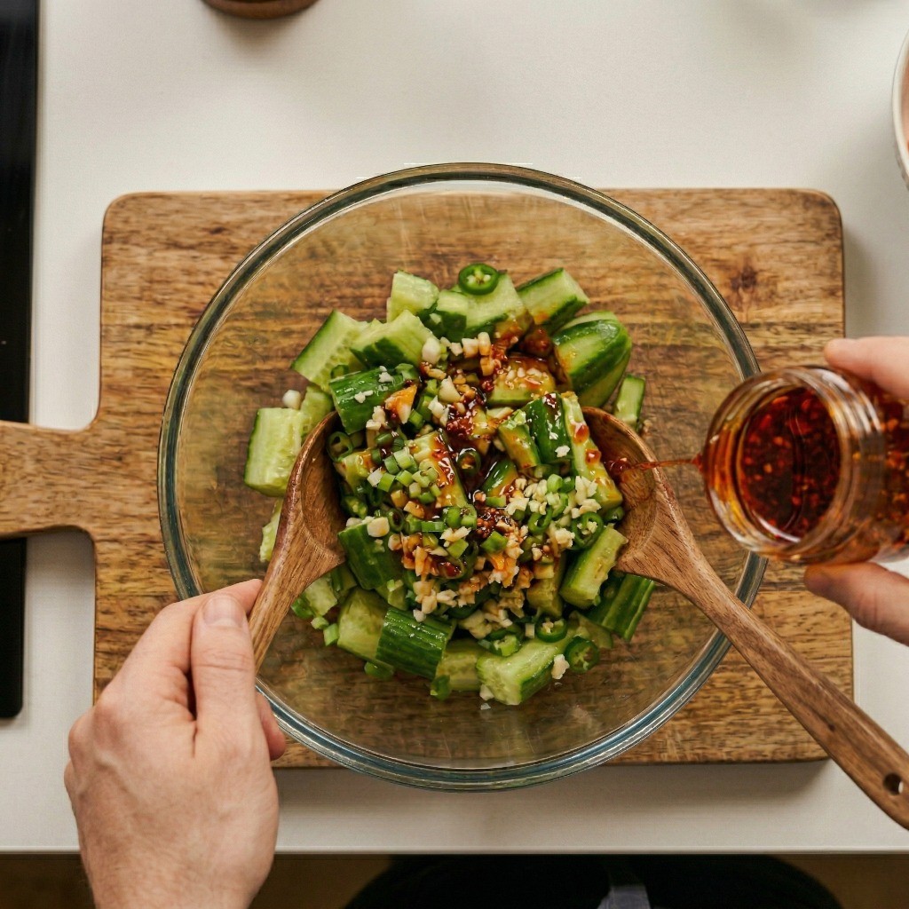 고추기름을 둘러 매콤하고 새콤달콤하게 버무려 완성한 중식 오이무침