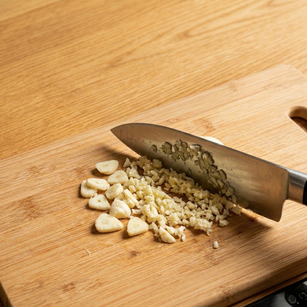 도마 위에서 칼등으로 눌러 알갱이가 살아있게 통마늘 15알을 다지는 모습 - 짜슐랭 레시피 1단계