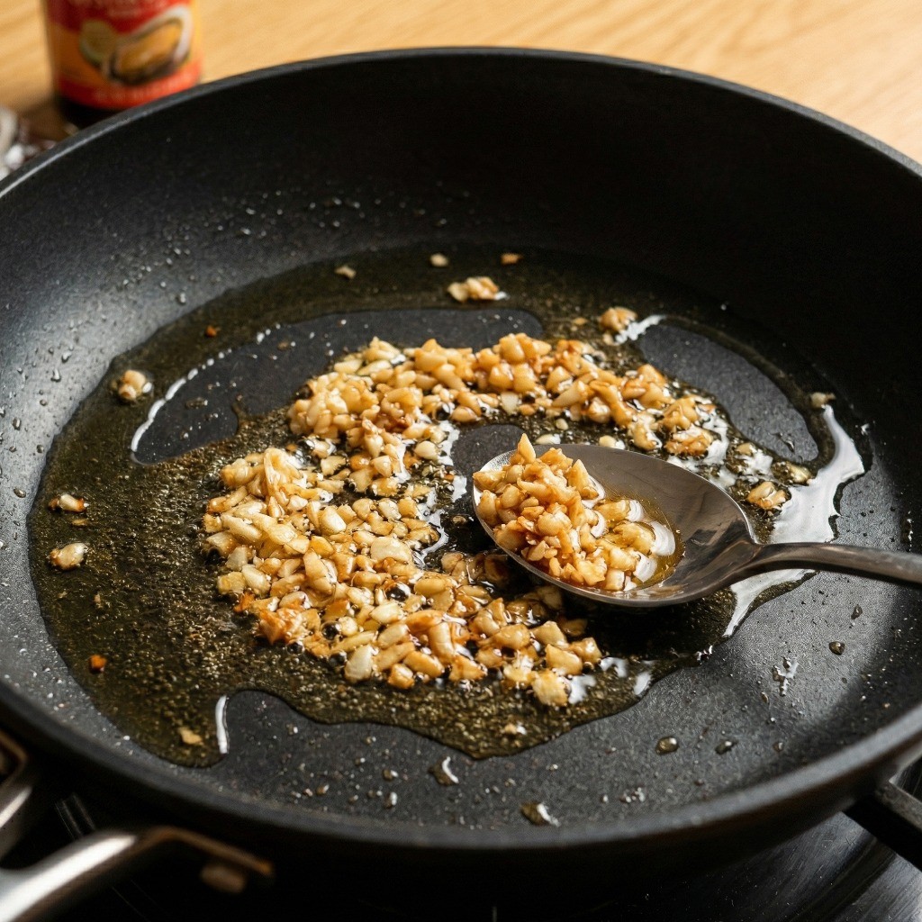 프라이팬에 식용유를 두르고 다진 마늘을 노릇노릇하게 볶아 풍미를 내는 과정 - 짜슐랭 레시피 2단계