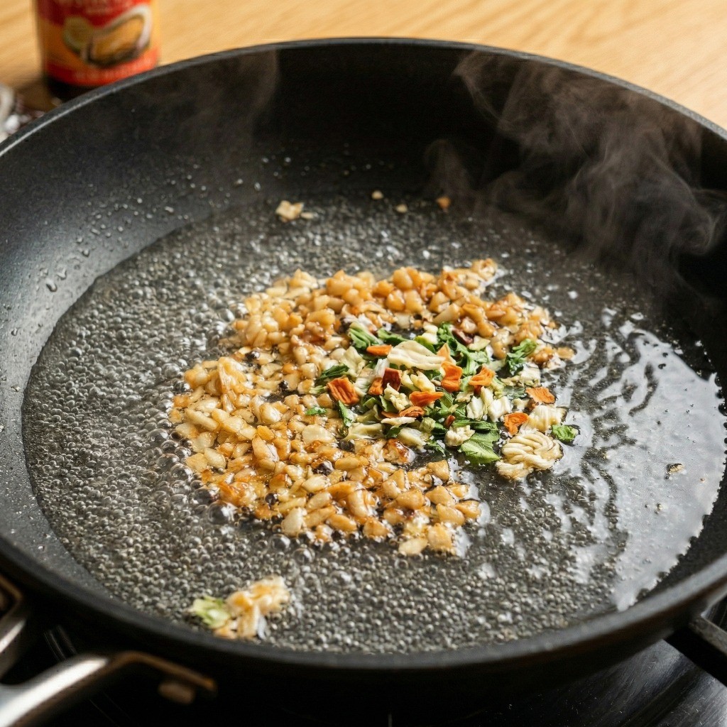 마늘을 볶은 프라이팬에 물 400ml와 라면 건더기 스프를 넣고 끓이는 모습 - 짜슐랭 레시피 3단계