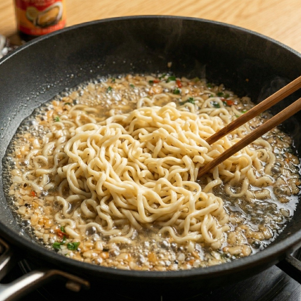 끓는 물에 짜슐랭 면을 넣고 물을 버리지 않은 채 자작하게 졸여내는 모습 - 짜슐랭 레시피 4단계