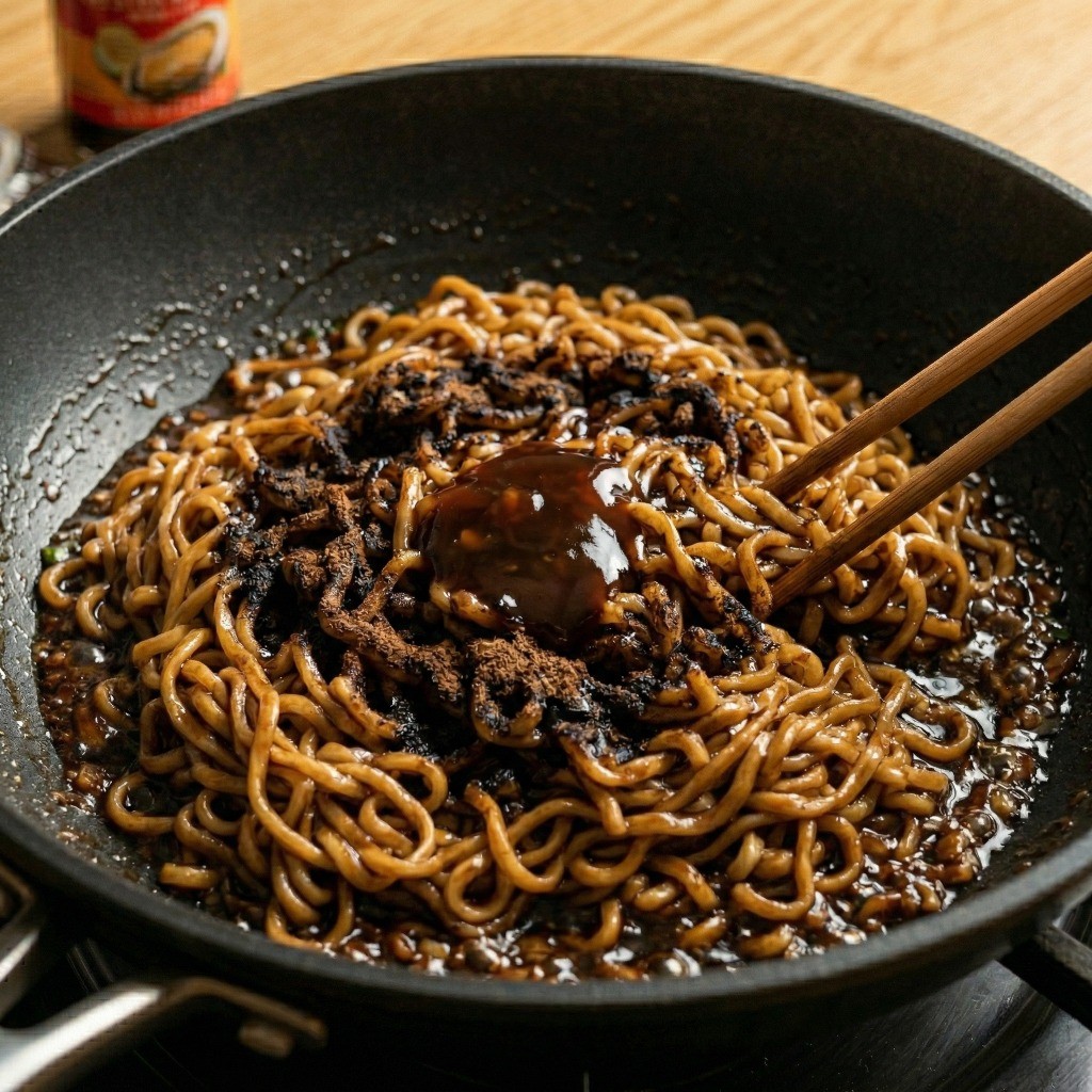 자작해진 국물에 짜장 분말 스프와 유성 스프, 굴소스 1/3숟가락을 넣고 비비는 모습 - 짜슐랭 레시피 5단계