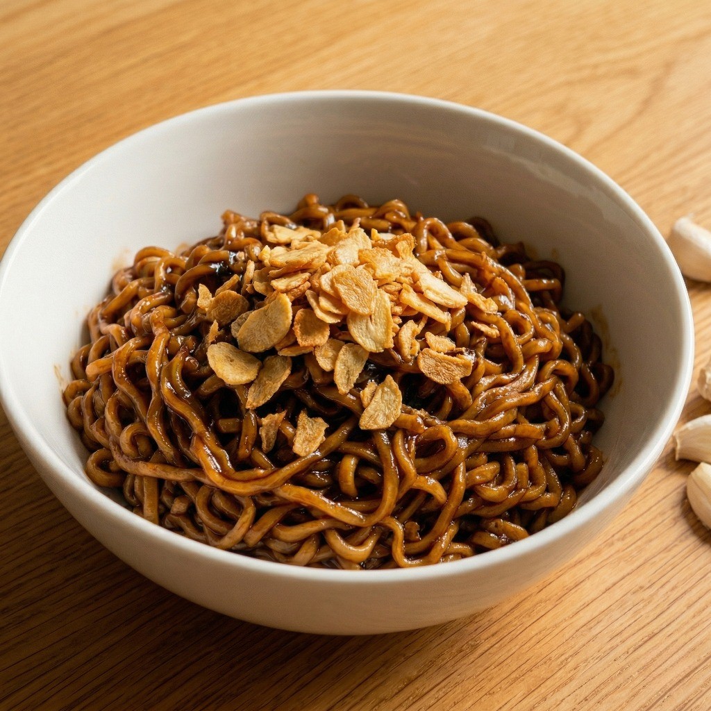 완성된 마늘 짜장라면 위에 바삭하게 구워진 마늘 후레이크를 고명으로 올린 최종 플레이팅 모습