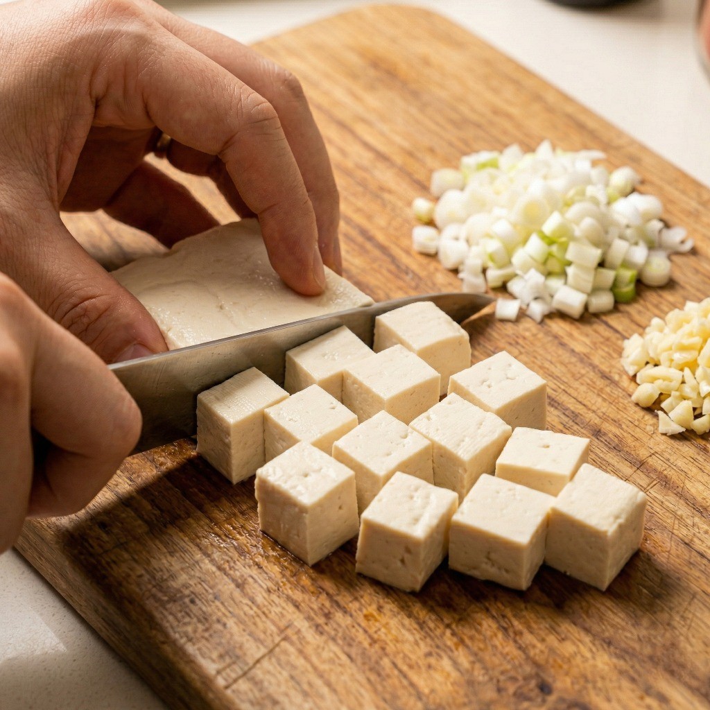 마파짜슐랭 레시피 1단계: 두부 깍둑썰기와 대파, 마늘, 청양고추 다지기