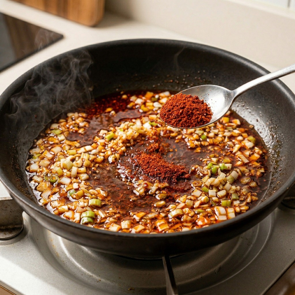 마파짜슐랭 레시피 2단계: 프라이팬에 고추기름을 두르고 다진 파와 마늘 볶기