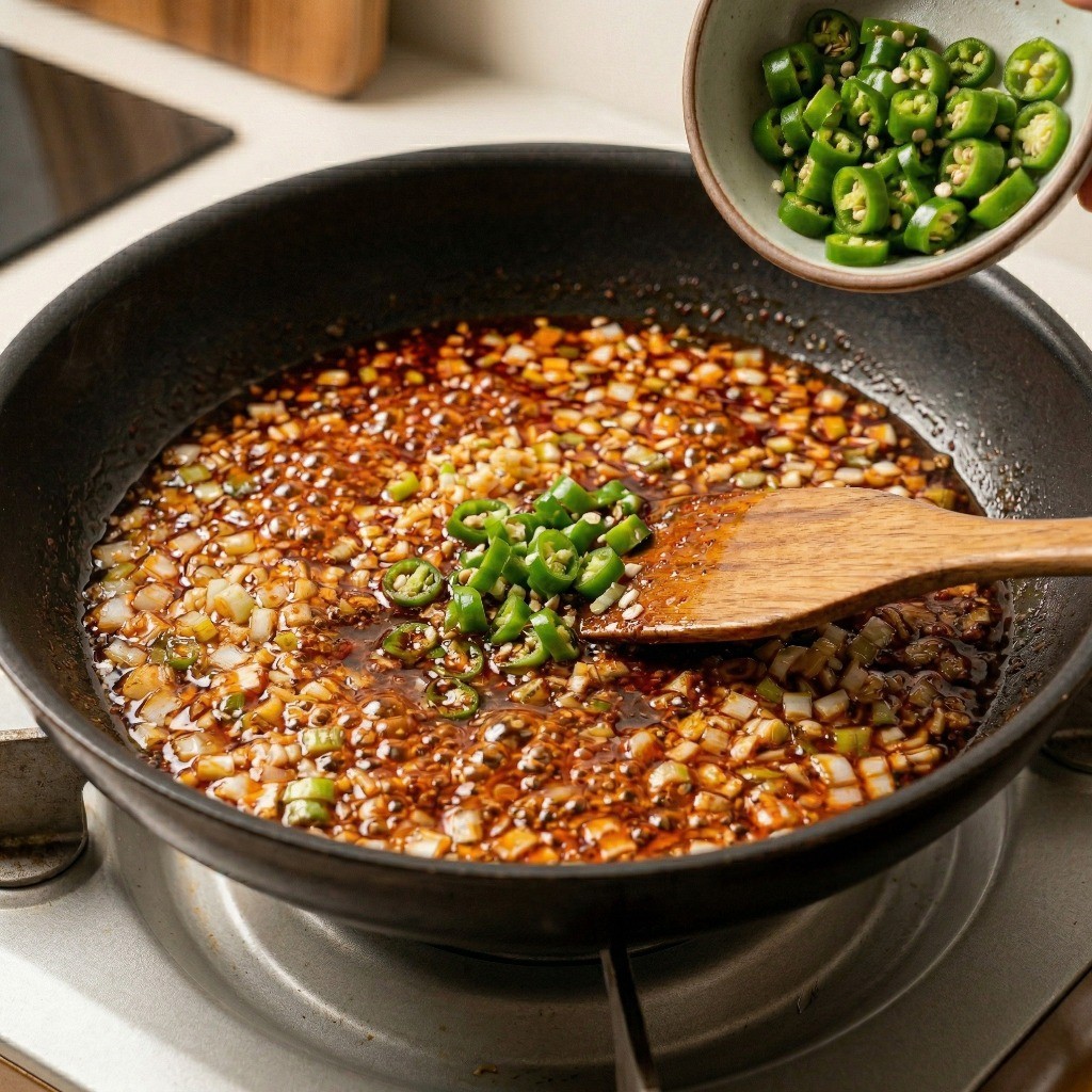 마파짜슐랭 레시피 3단계: 파마늘 기름에 다진 청양고추를 넣어 매운맛 끌어올리기