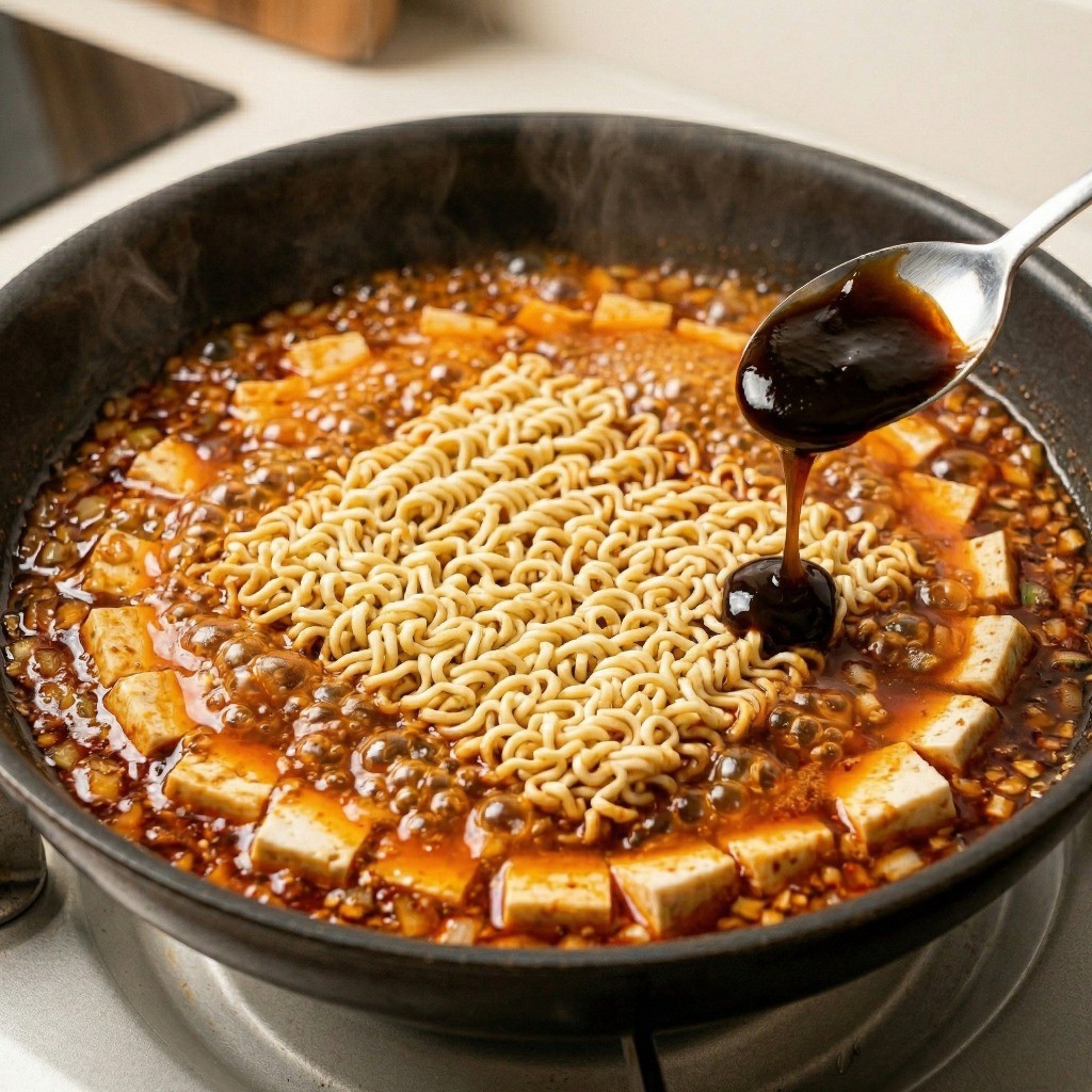 마파짜슐랭 레시피 4단계: 끓는 물 400ml에 짜슐랭 면과 두부를 넣고 끓이는 과정