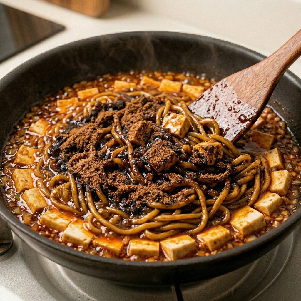 마파짜슐랭 레시피 5단계: 졸아든 국물에 짜장 분말 스프를 넣고 비벼 완성된 마파두부면