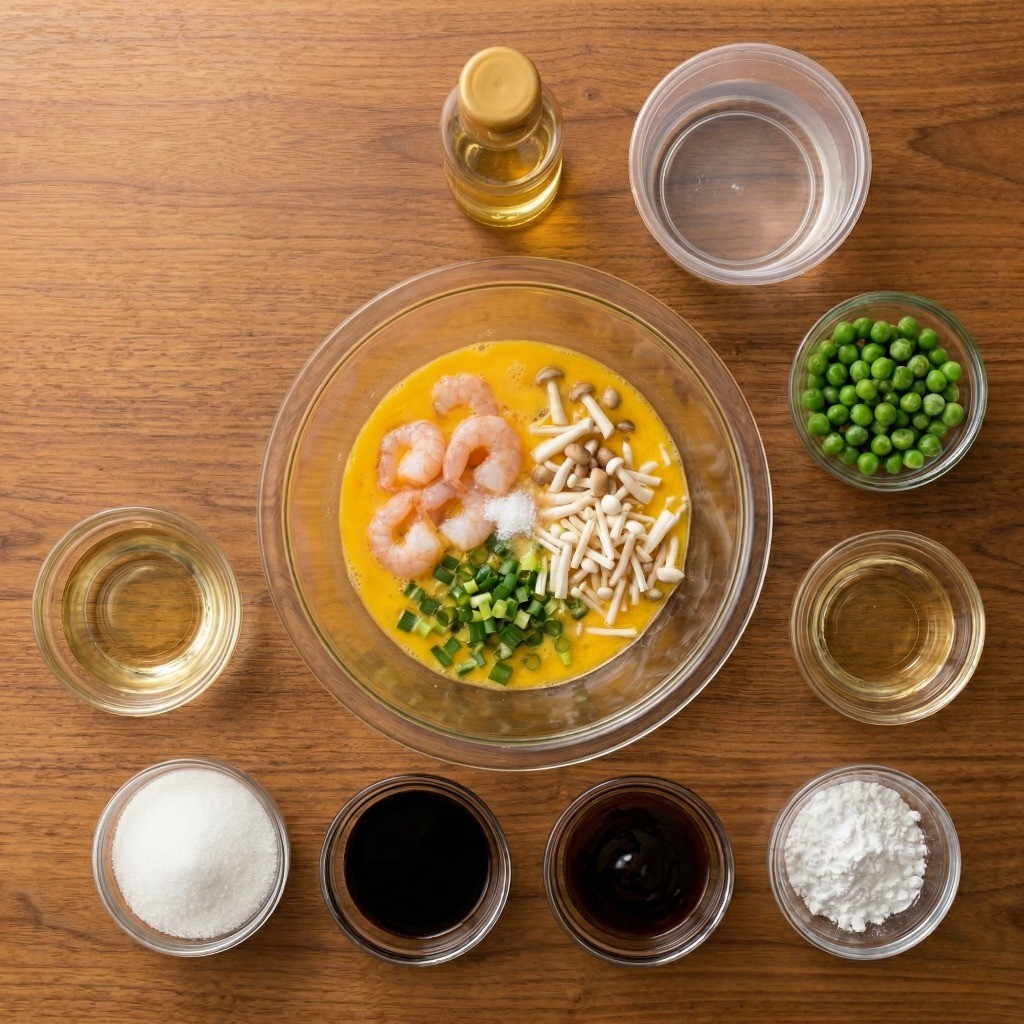 이연복 계란덮밥 레시피 1단계: 계란물에 새우와 팽이버섯 섞기