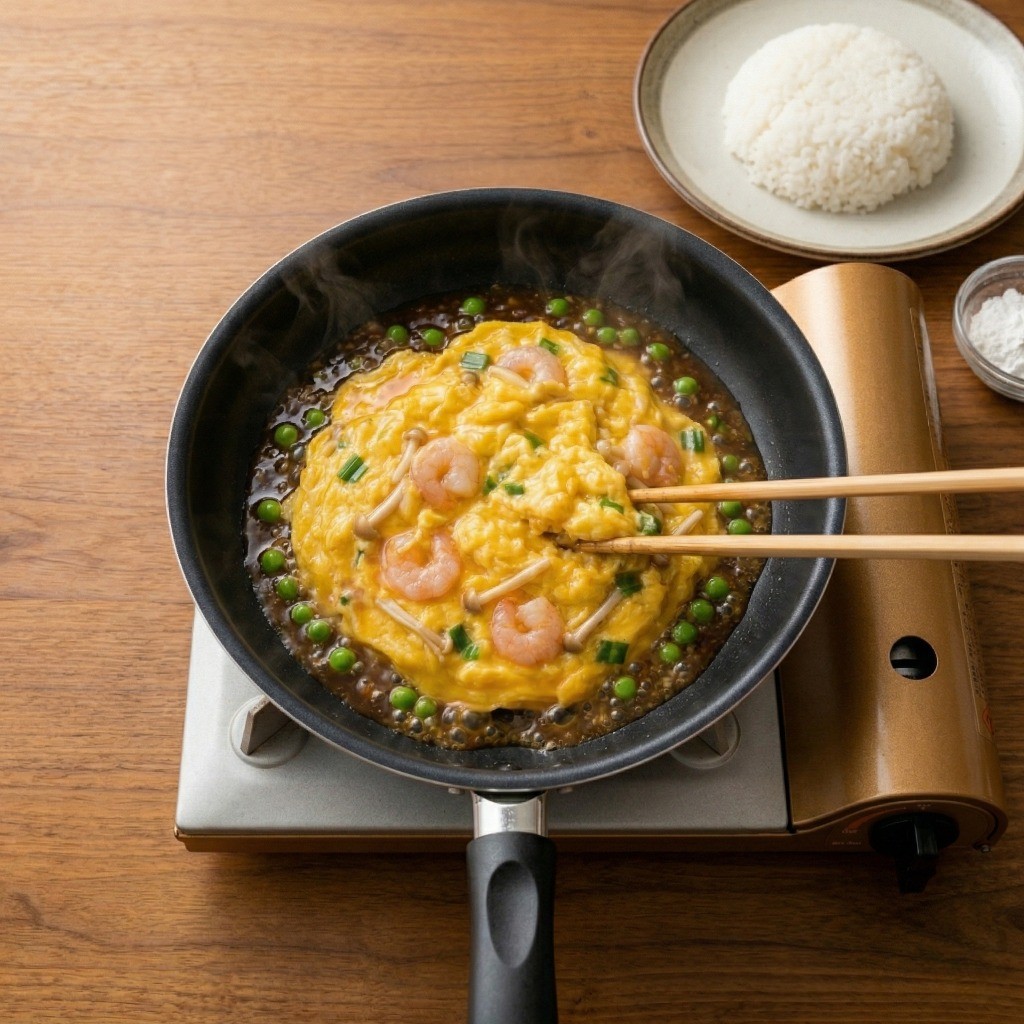 이연복 계란덮밥 레시피 2단계: 프라이팬에 스크램블 하듯 부드럽게 계란 부치기