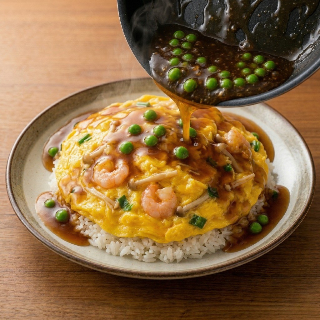 이연복 계란덮밥 레시피 5단계: 전분물로 농도를 맞춘 소스를 계란덮밥 위에 붓기 완성