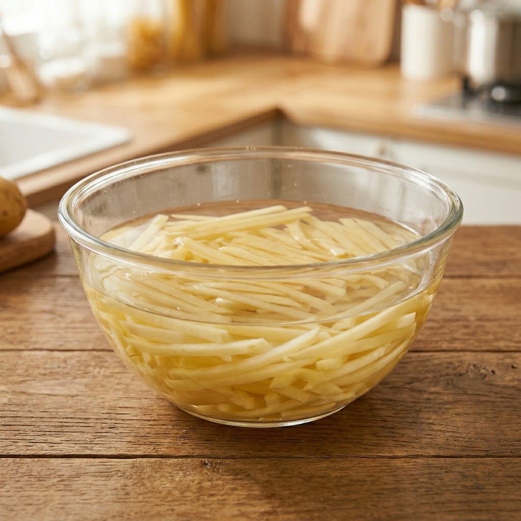 이연복 감자채볶음 레시피 1단계: 채 썬 감자를 물에 담가 전분기를 빼는 과정