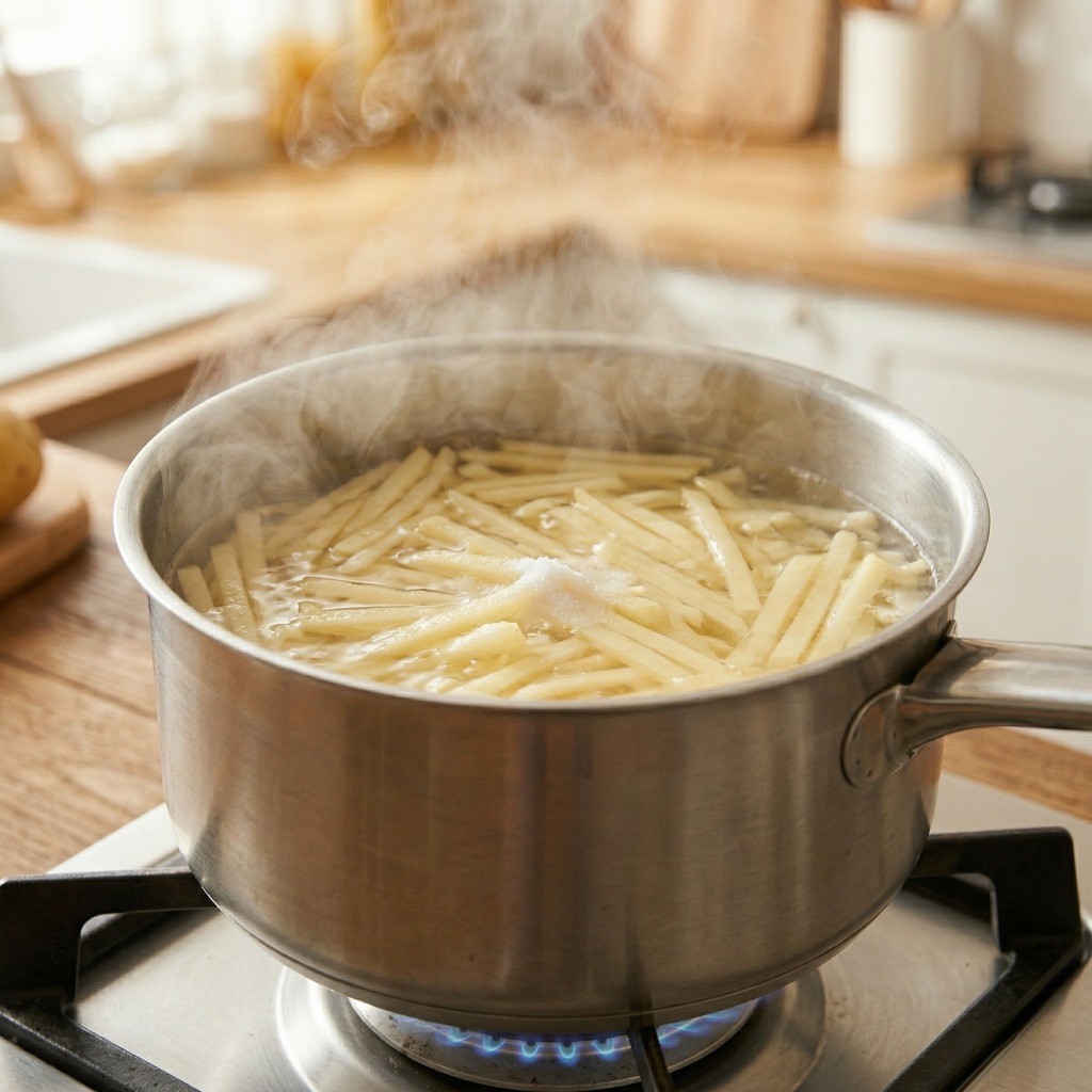 아삭한 감자볶음 비법 2단계: 끓는 물에 소금을 넣고 감자채를 10초간 살짝 데치는 과정