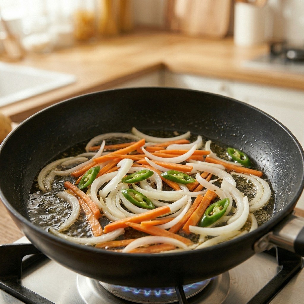 중식 감자채볶음 3단계: 식용유를 두른 프라이팬에 채 썬 양파, 당근, 청양고추를 볶는 과정