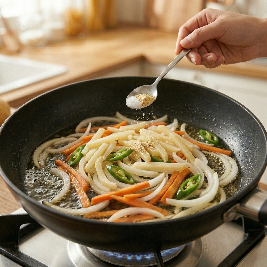 이연복 감자채볶음 4단계: 데친 감자채에 소금과 치킨스톡을 넣고 빠르게 볶아주는 과정