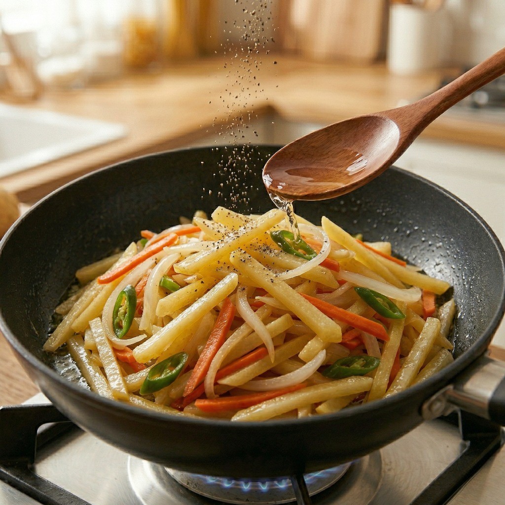 상큼한 감자채볶음 황금레시피 5단계: 마지막에 식초를 넣고 가볍게 볶아 아삭함을 살려 마무리하는 모습