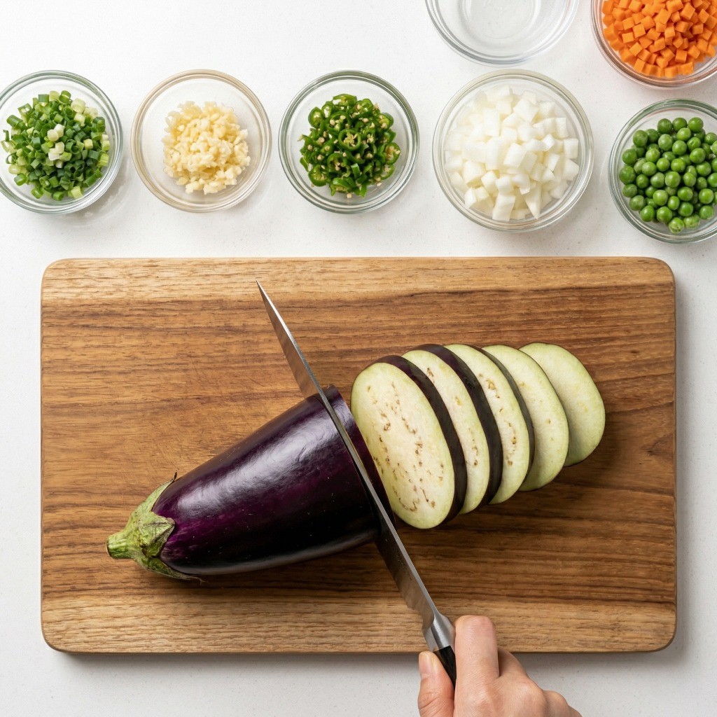 이연복 가지편부침 레시피 1단계: 신선한 가지를 도톰하게 편 써는 과정