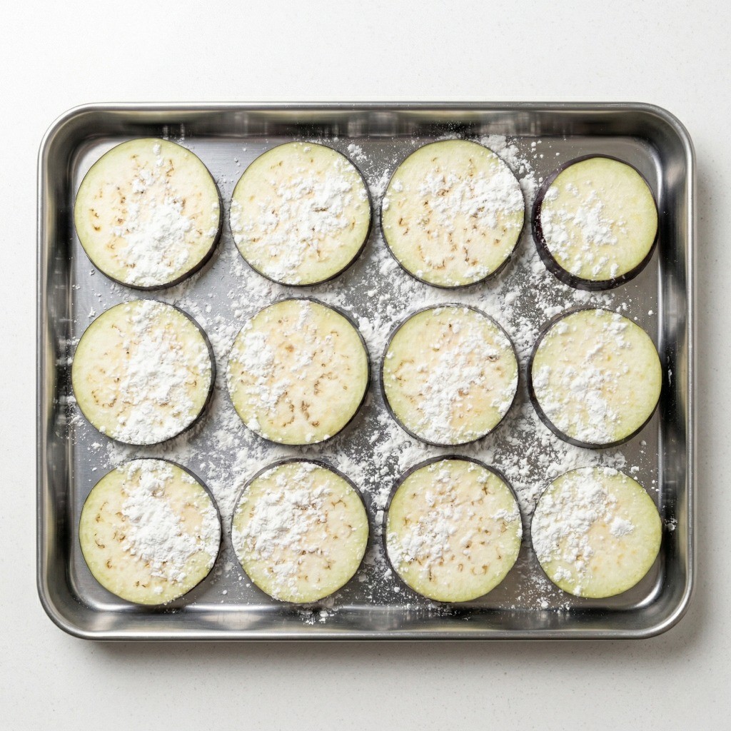 이연복 가지편부침 레시피 2단계: 편 썬 가지 앞뒤로 감자전분 가루를 묻히는 과정