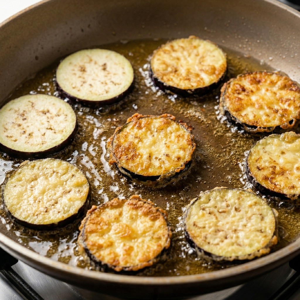 이연복 가지편부침 레시피 3단계: 전분 옷을 입힌 가지를 기름에 바삭하게 부쳐내는 과정