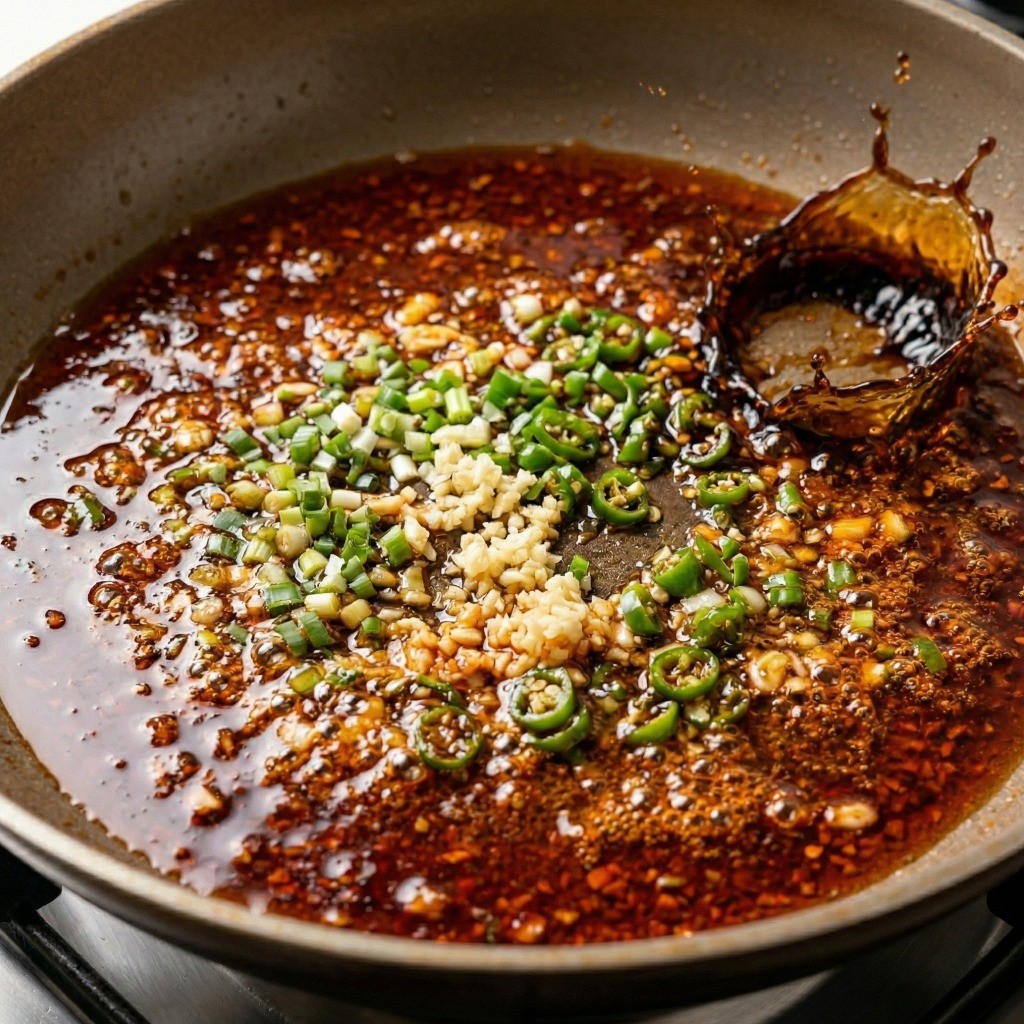 이연복 가지편부침 레시피 4단계: 고추기름에 다진 파, 마늘, 청양고추를 볶아 비법 소스 베이스를 만드는 과정