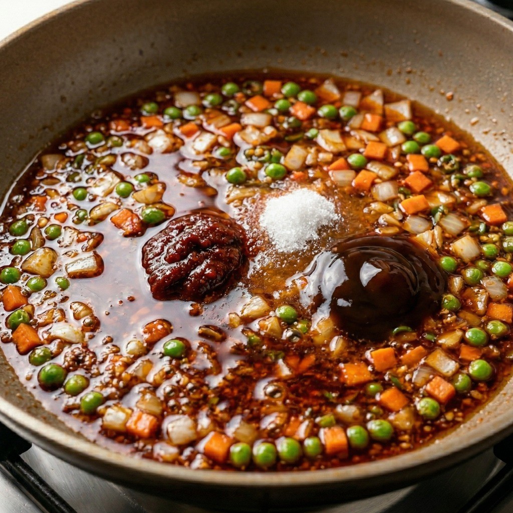 이연복 가지편부침 레시피 5단계: 양파, 당근과 함께 두반장, 굴소스 등의 양념을 넣고 끓이는 과정