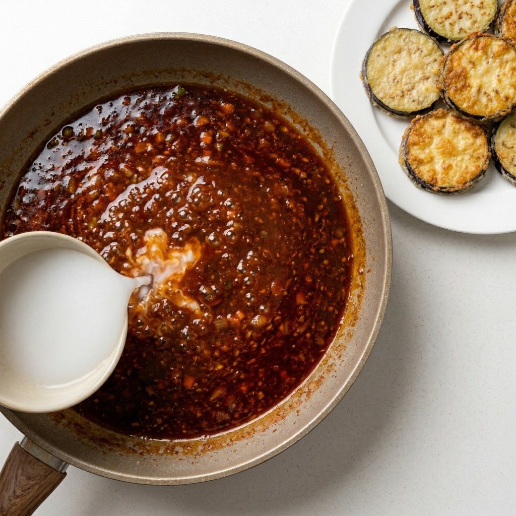 이연복 가지편부침 레시피 6단계: 전분물로 소스의 농도를 맞추고 구운 가지 위에 얹어 요리를 완성하는 과정