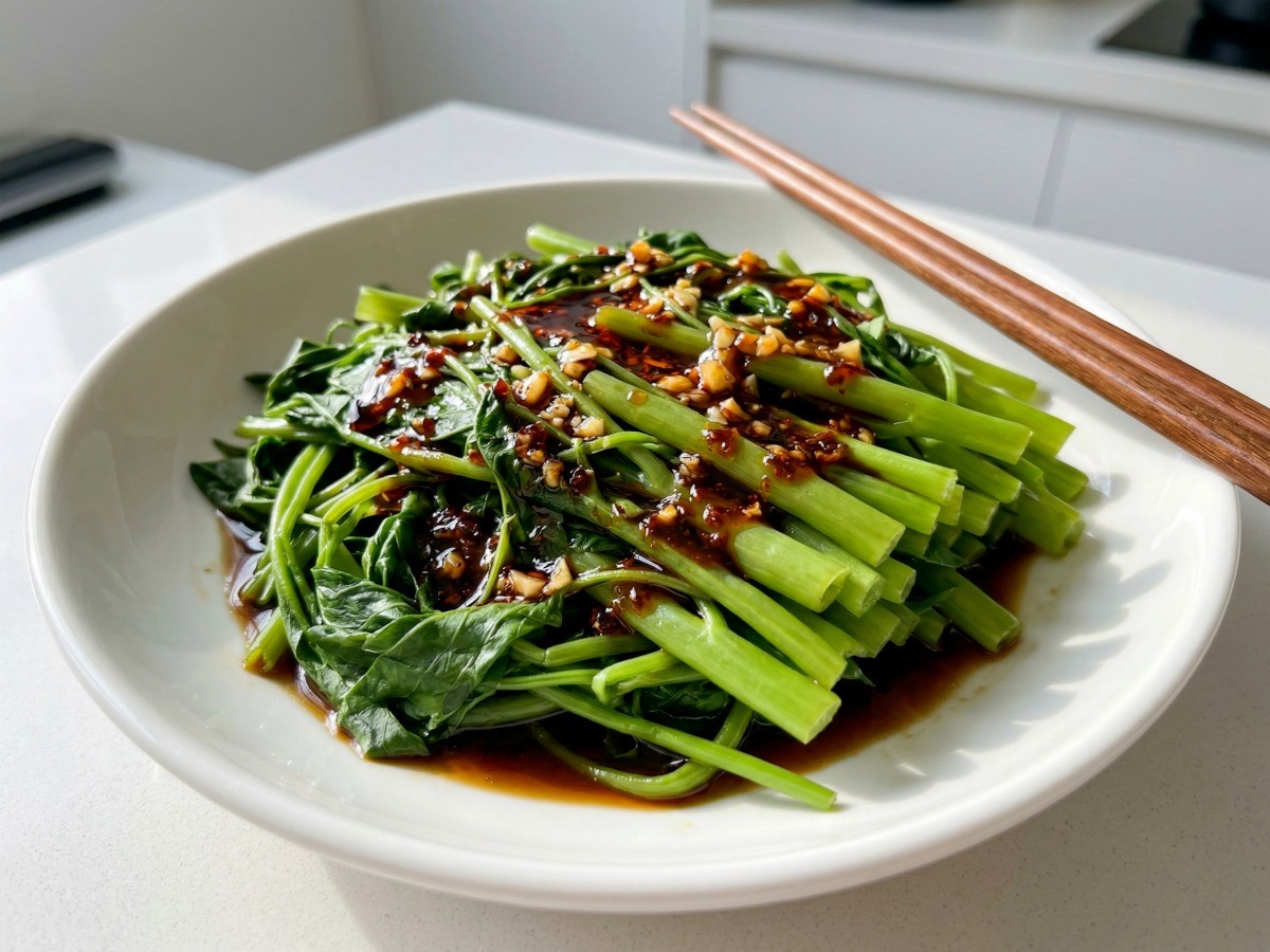 먹음직스럽게 완성된 이연복 공심채 무침(모닝글로리 무침) 플레이팅