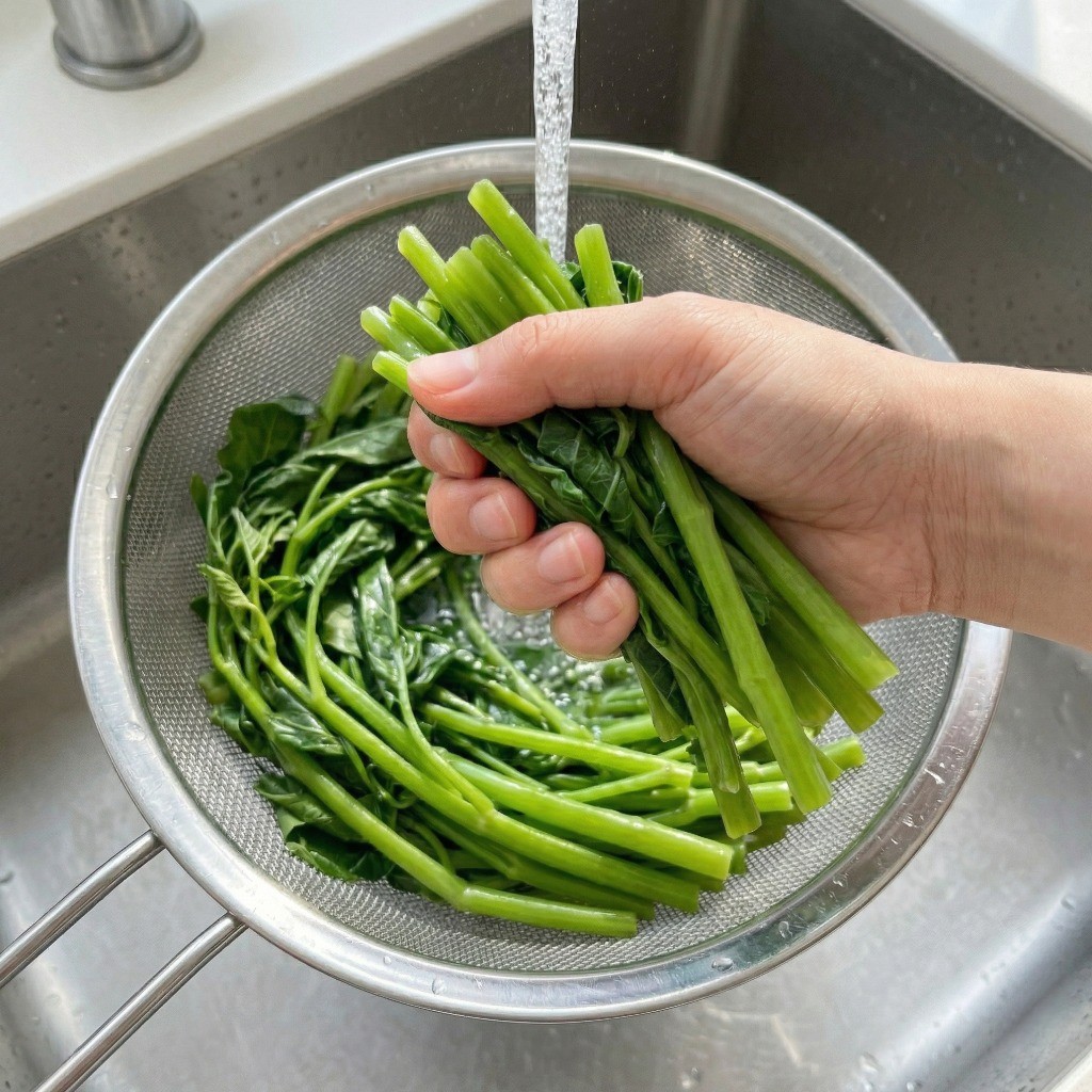 공심채 물기 짜기: 찬물 샤워 후 물기를 꽉 짠 모닝글로리를 접시에 정갈하게 담은 모습