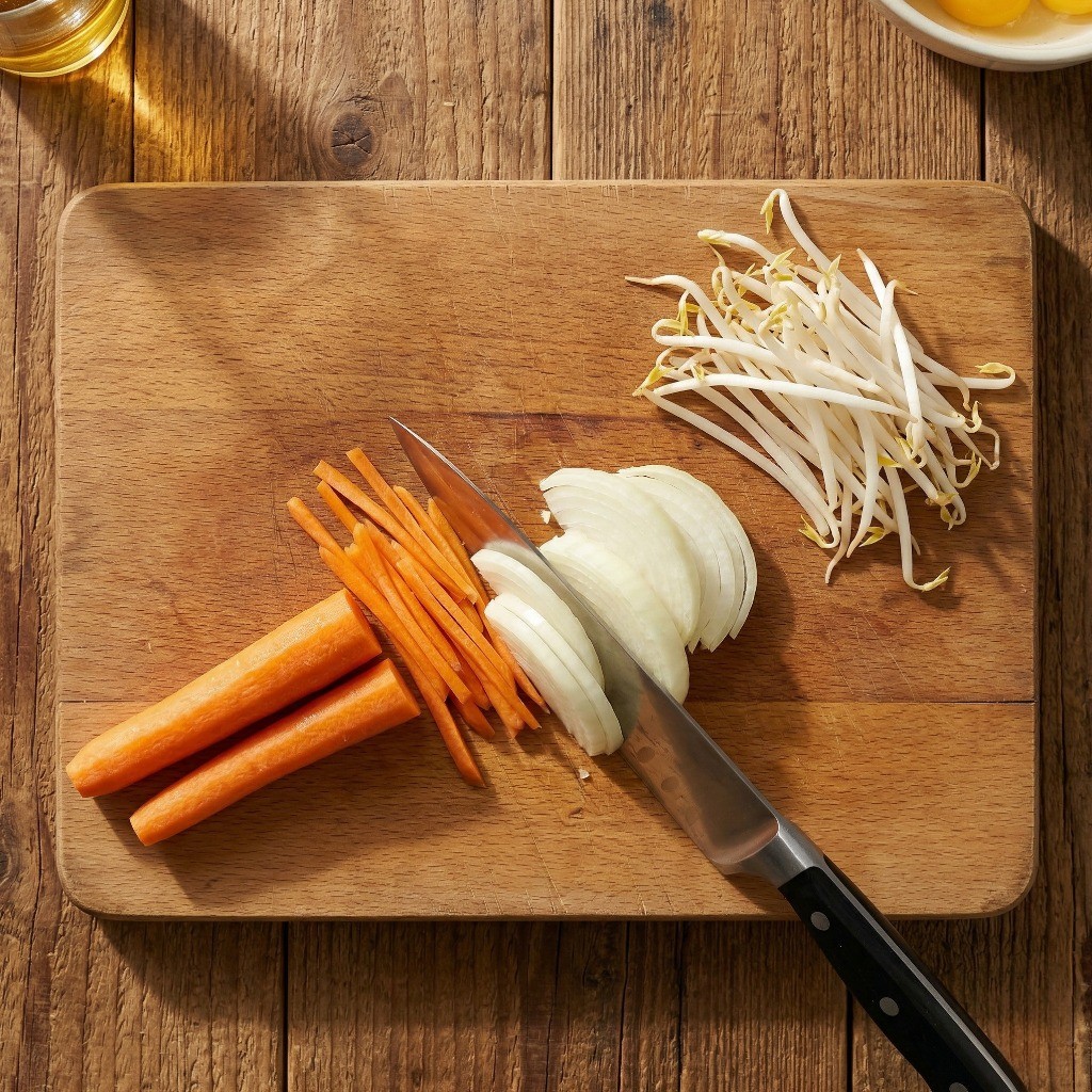 양파와 당근을 얇게 채 써는 모습