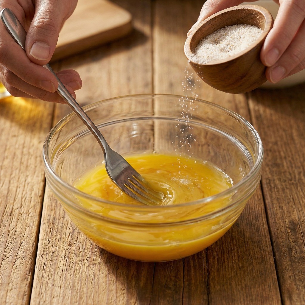 그릇에 계란을 풀고 맛소금을 넣는 모습