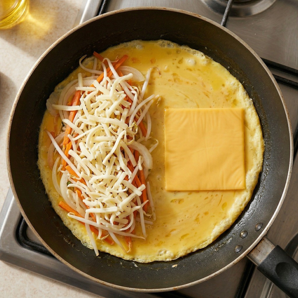 계란 반쪽에 야채와 치즈를 올리는 모습