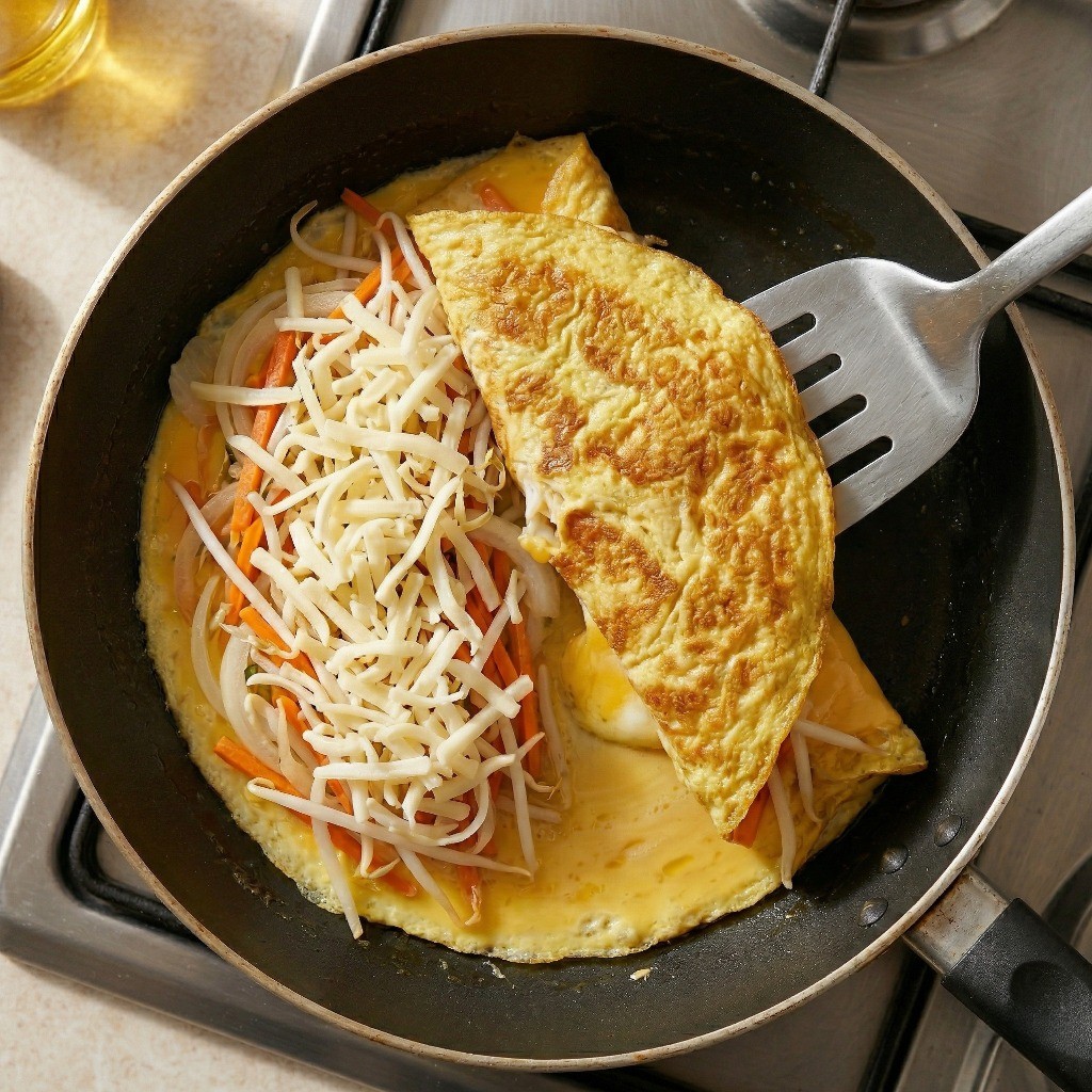 계란을 반으로 접어 앞뒤로 노릇하게 익히는 모습