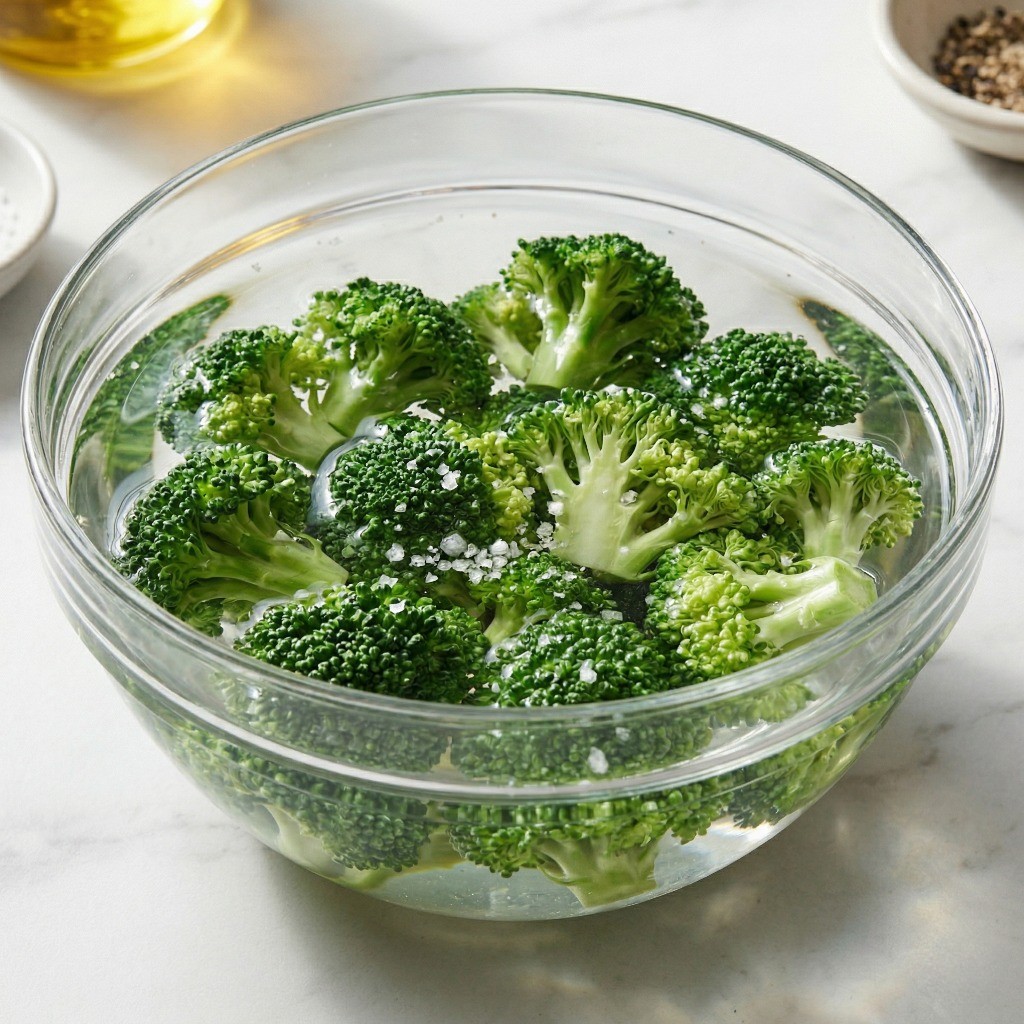 소금물에 세척 중인 신선한 초록색 브로콜리