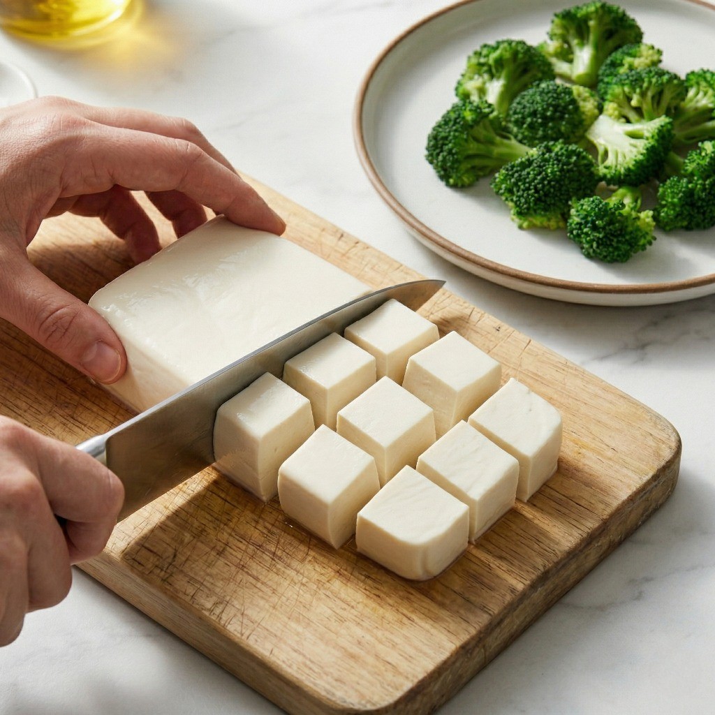 먹기 좋은 네모 모양으로 6등분하여 조심스럽게 썬 하얀 연두부