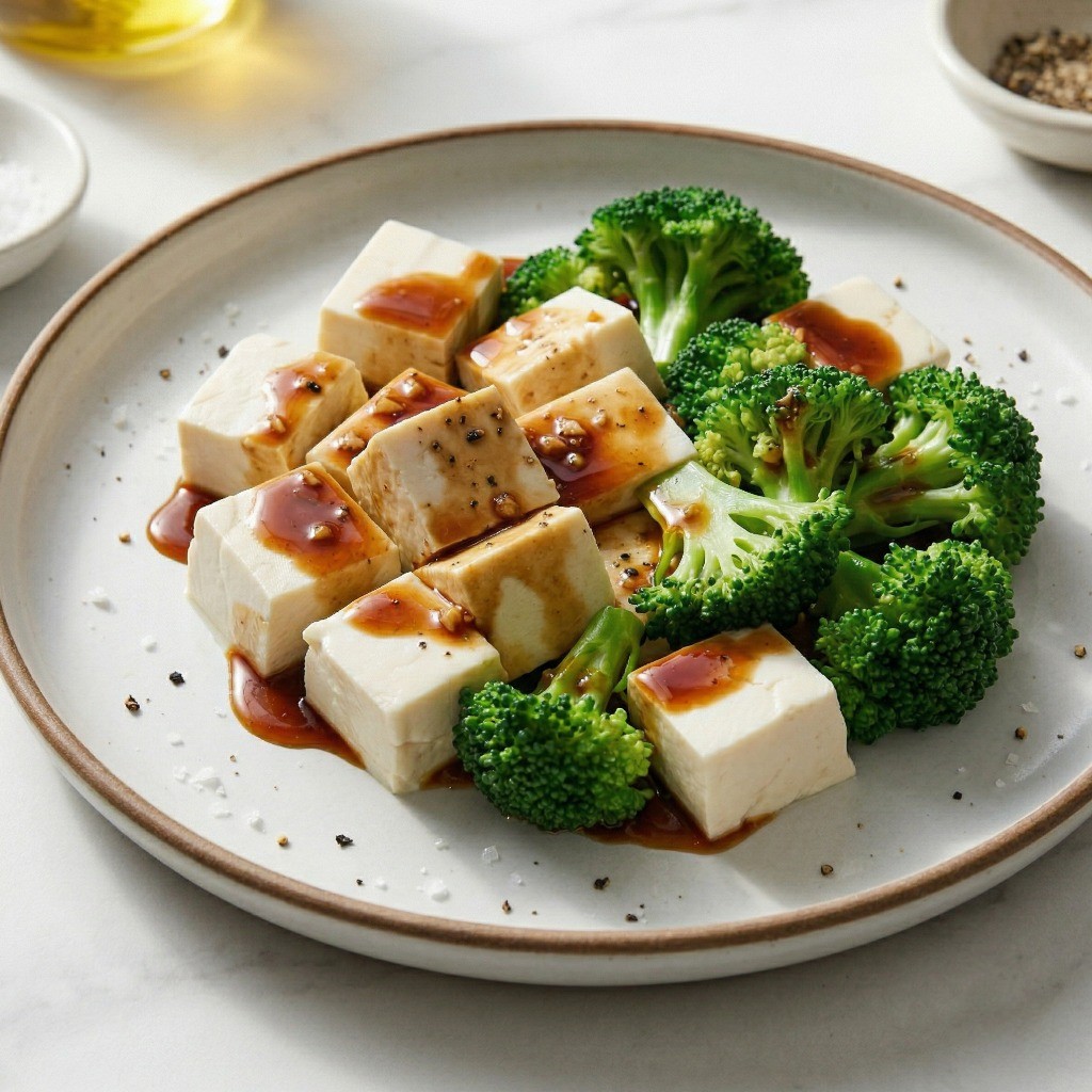 가지런히 담긴 연두부와 브로콜리 위에 특제 소스를 뿌려 완성한 요리