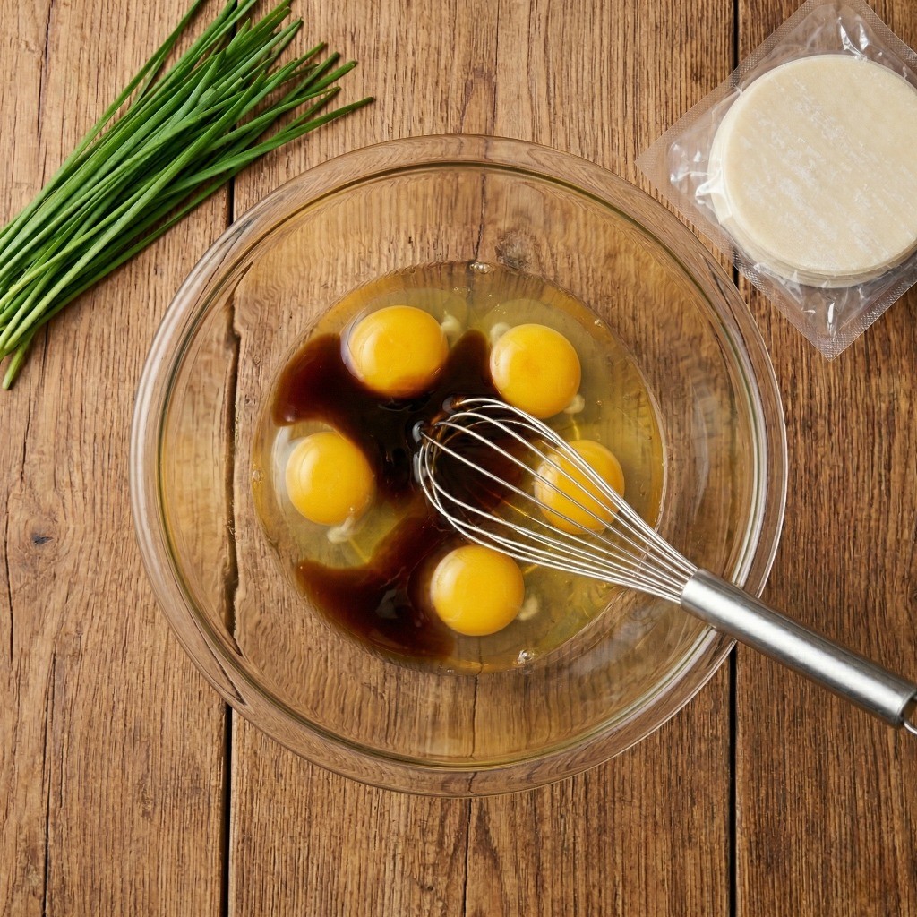 이연복 계란부추만두 레시피 1단계 - 계란에 미림, 굴소스 양념 섞기