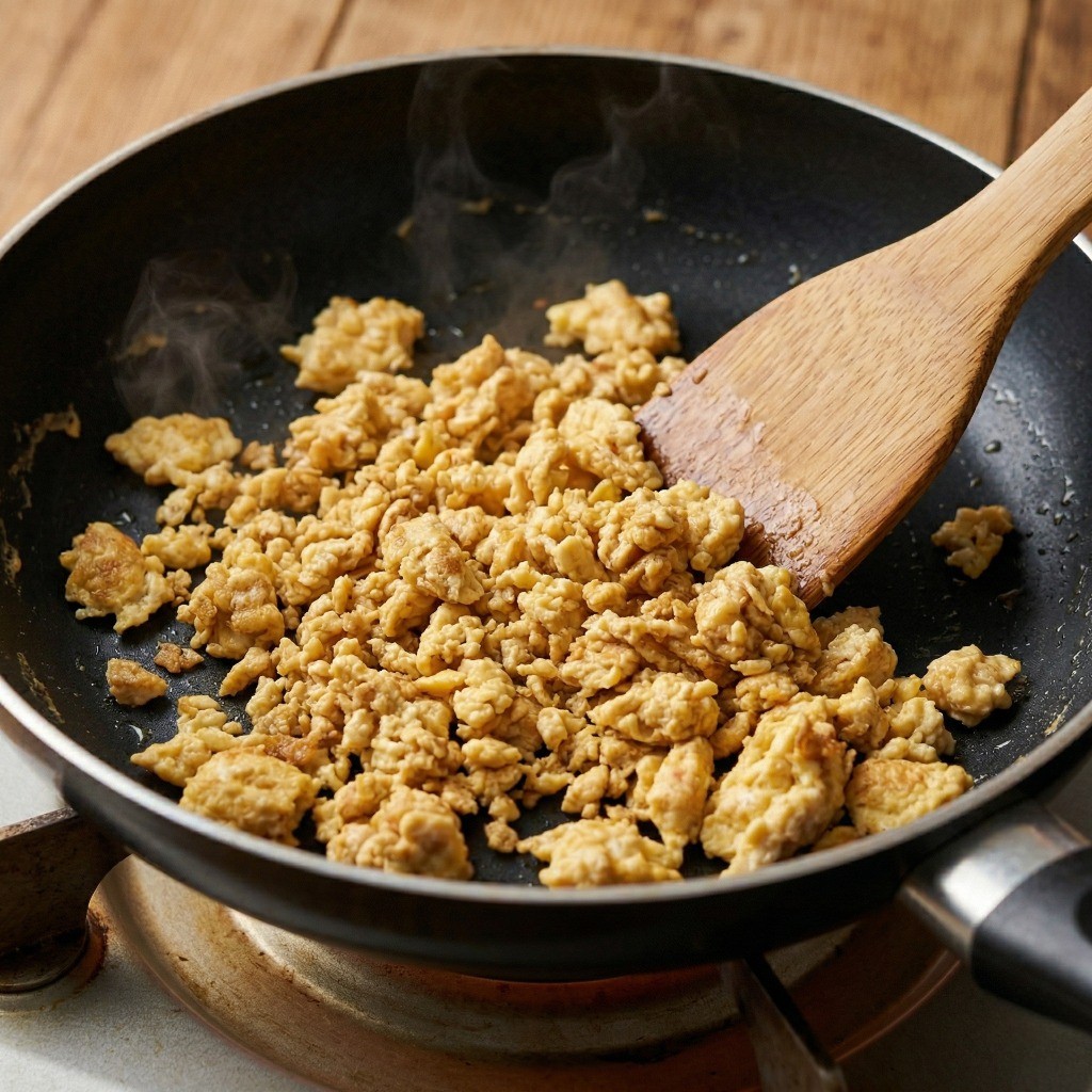 이연복 계란부추만두 레시피 2단계 - 수분기 없이 바싹 볶아낸 계란 스크램블