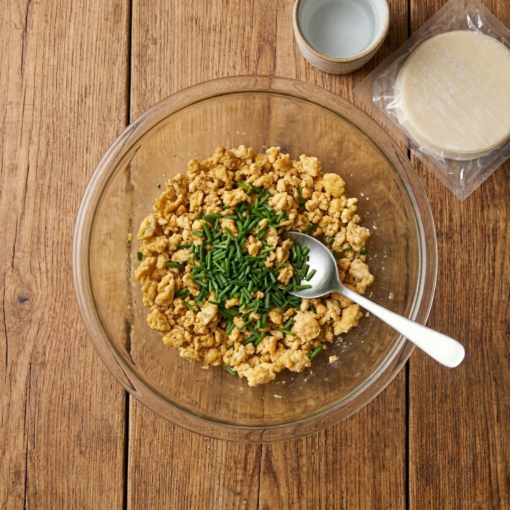 이연복 계란부추만두 레시피 3단계 - 스크램블 에그에 송송 썬 부추 섞어 속재료 만들기