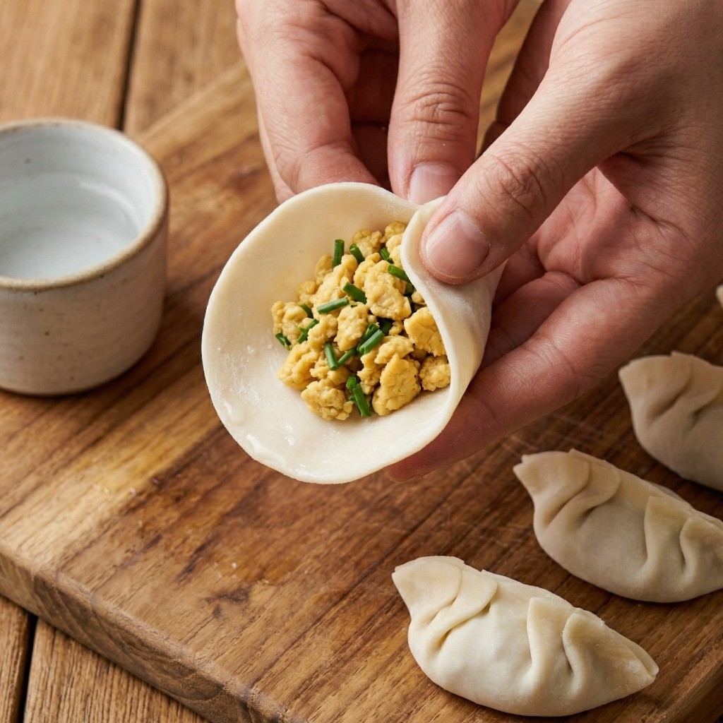 이연복 계란부추만두 레시피 4단계 - 만두피에 계란부추 속을 듬뿍 넣어 빚는 과정