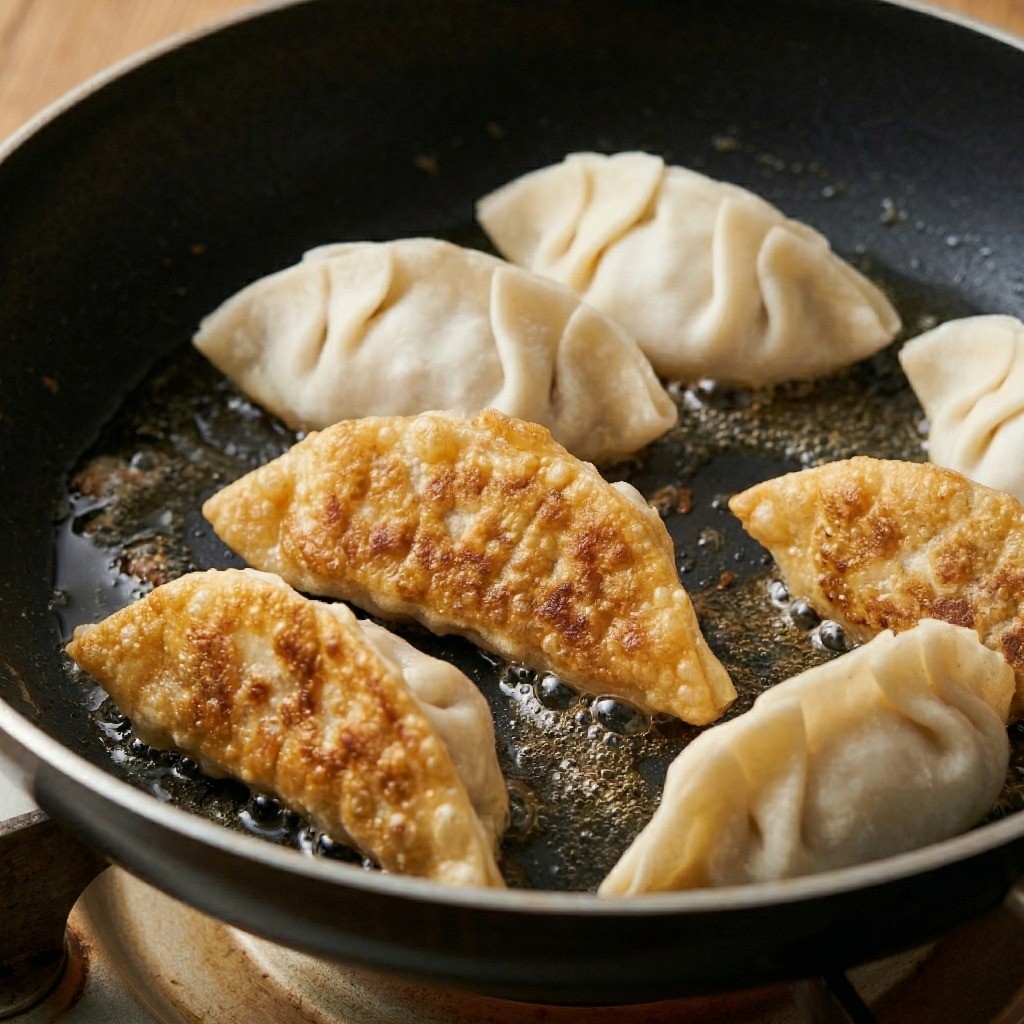 이연복 계란부추만두 레시피 5단계 - 프라이팬에 노릇노릇하게 구워 완성하는 군만두